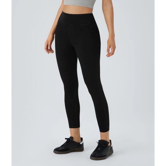 Halara Flex Stretch High Waisted Denim Casual Leggings 7/8 Length Black XL - Picture 1 of 9